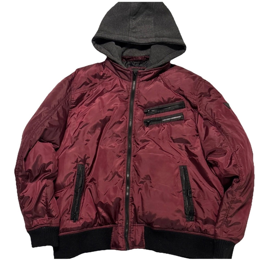 Guess Mens Bomber Jacket Burgundy Maroon Detachable Hood‎ Full Zip Puffer XL